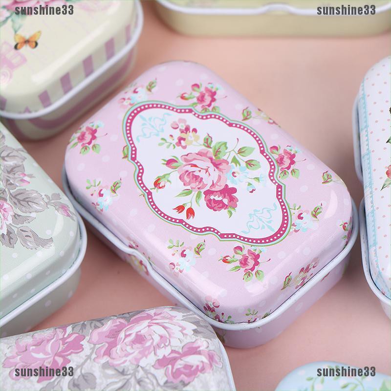 Mini flower tin trinket jewelry coin box tinplate storage case small rectangular