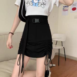 [Hàng order] Chân váy đen cạp cao phối cài bấm rút dây