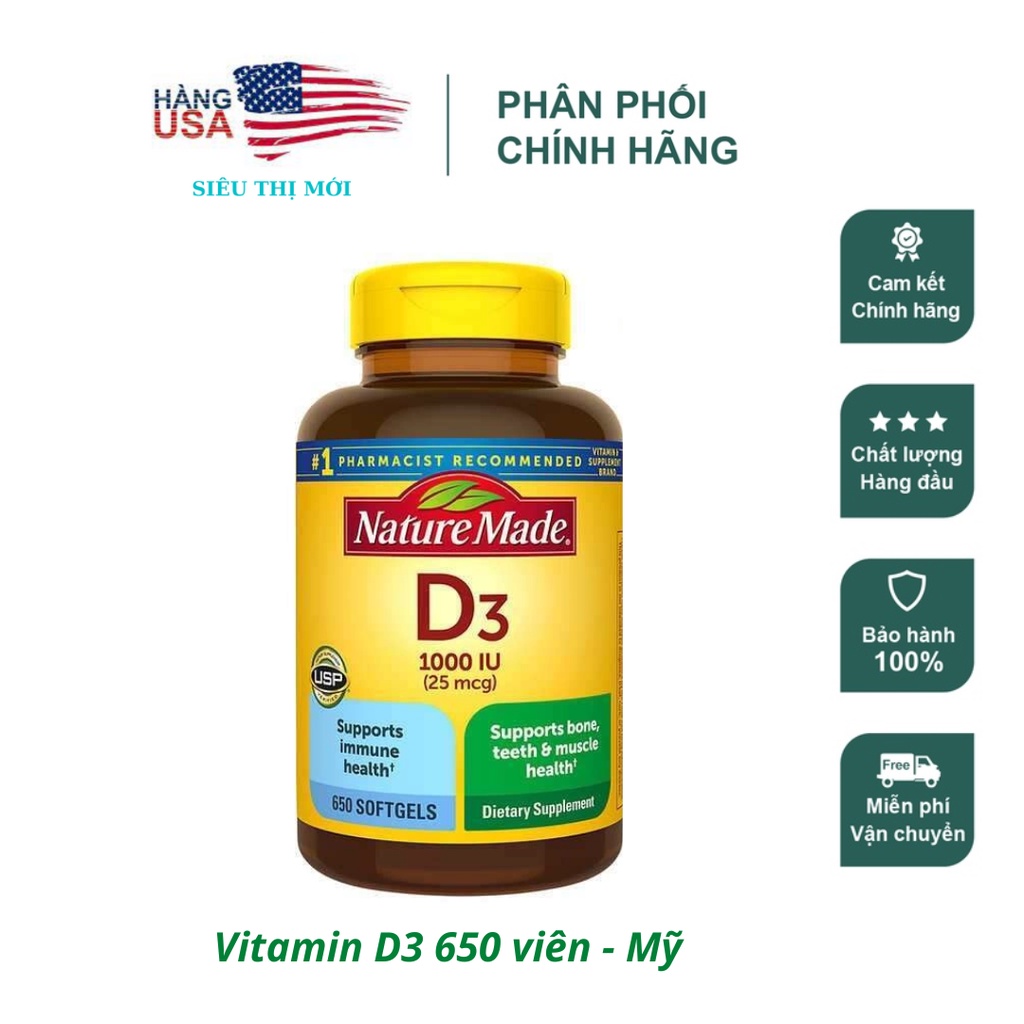 Date 4/24 Viên uống Nature Made Vitamin D3 650 viên (mẫu mới) – Mỹ