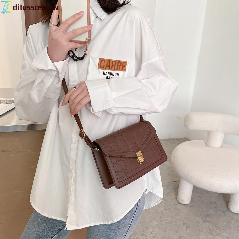 [DILUSSOSS] Túi đeo vai  Solid Color Retro Shoulder Bag Lock Stone Pattern Women PU Messenger Bags