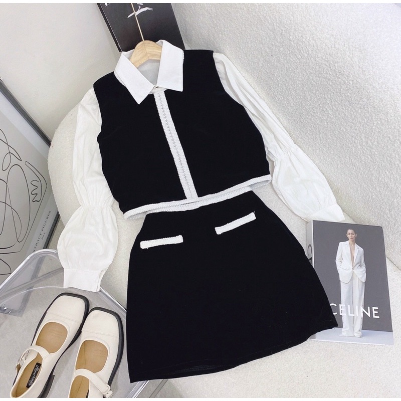 Set 3 món siêu hời gồm áo sơ mi trắng + gile + chân váy đen phối kèm ảnh thật