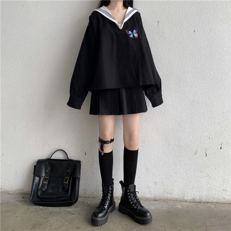 Set áo hoodie tay dài dáng rộng + chân váy đồng phục JK phong cách thời trang