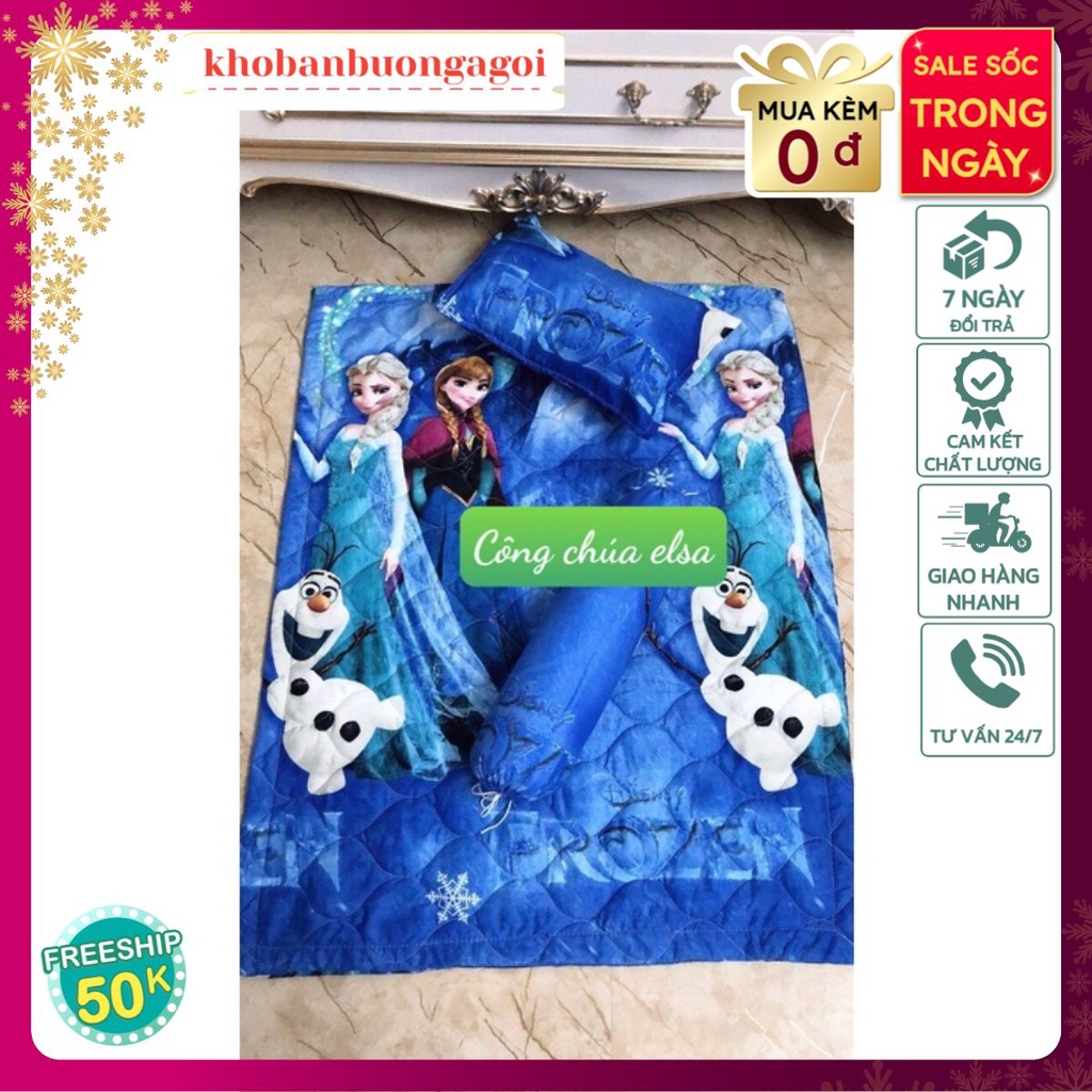 Bộ Chăn Gối Cho Bé Đi Học,set 3 món đầy đủ,vải cotton poly,được chọn nhiều mẫu-mẫu công chúa elsa xanh mới