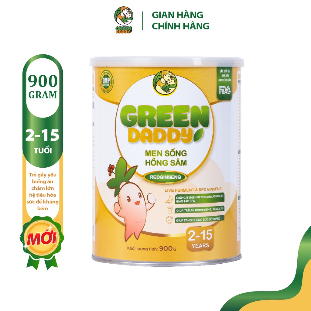 Sữa men sống hồng sâm Green Daddy bổ sung chất sơ cải thiện táo bón, hệ tiêu hoá kém cho trẻ từ 2-15 tuổi hộp 900g