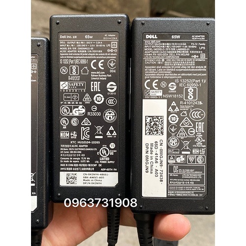 Sạc laptop Dell 19.5V-3.34A (Kim nhỏ) zin bóc máy của Dell