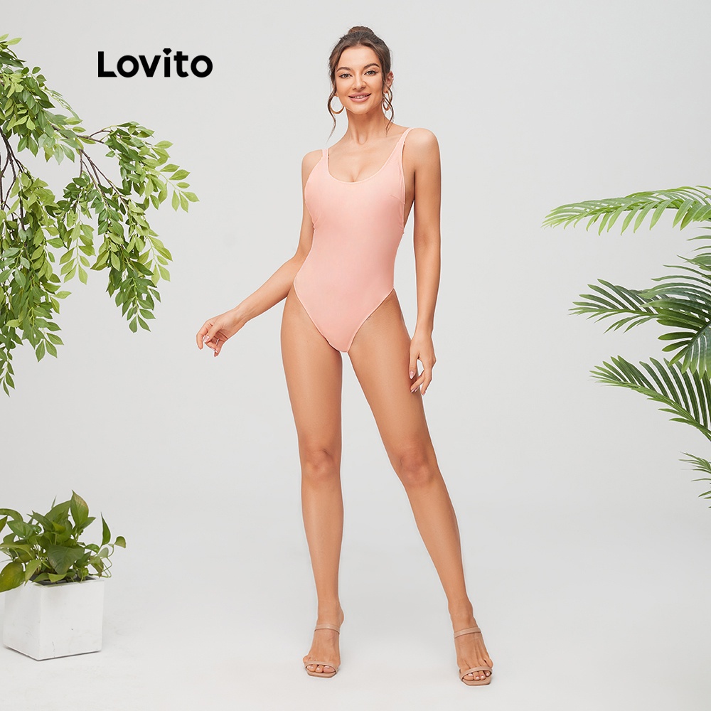 (Gợi ý từ KOL) Đồ bơi Lovito một mảnh hở lưng gợi cảm L11114 (màu đen/hồng)