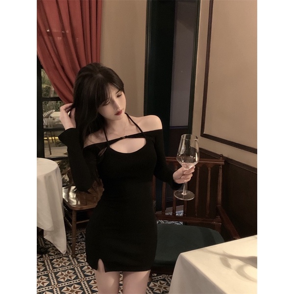 Urihouse - ĐẦM SIZE XS tay rớt cổ yếm dài tay hở lưng dáng ôm body sexy quyến rũ