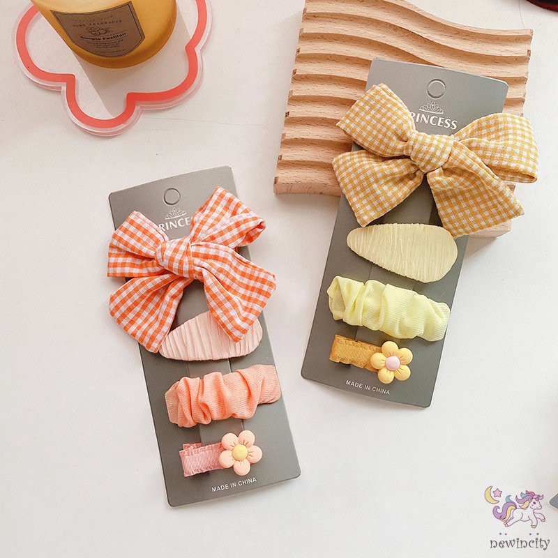 Set 4 Kẹp Tóc Hình Nơ In Hoa Nhiều Màu Sắc Phong Cách Hàn Quốc Cho Bé Gái