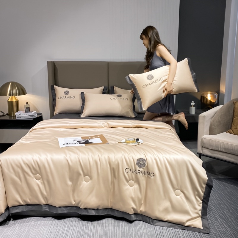 Bộ chăn ga gối phi lụa CHARMING óng mịn cao cấp , Ga giường vỏ gối chăn hè phi lụa chât liệu mềm mịn thoáng mát mới 2022