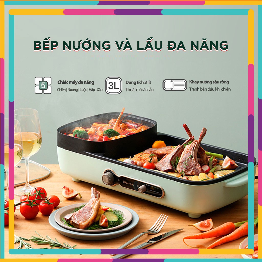 Bếp Lẩu Nướng Điện 2 Ngăn Đa Năng 2in1 Bear - [HÀNG CHÍNH HÃNG]