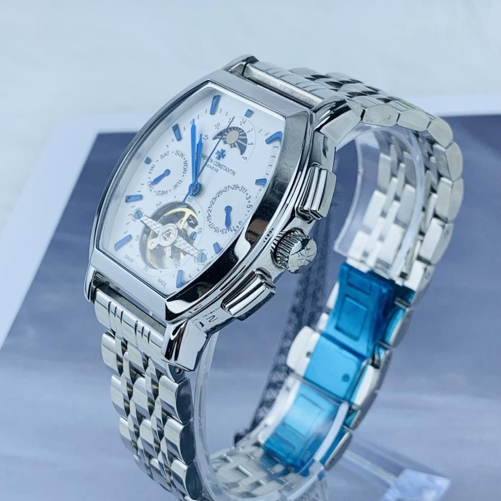 Đồng hồ Nam Vacheron máy nhật mẫu mặt vuông KIM XANH trắng dây thép dòng cơ Automatic size 40mm-41mm