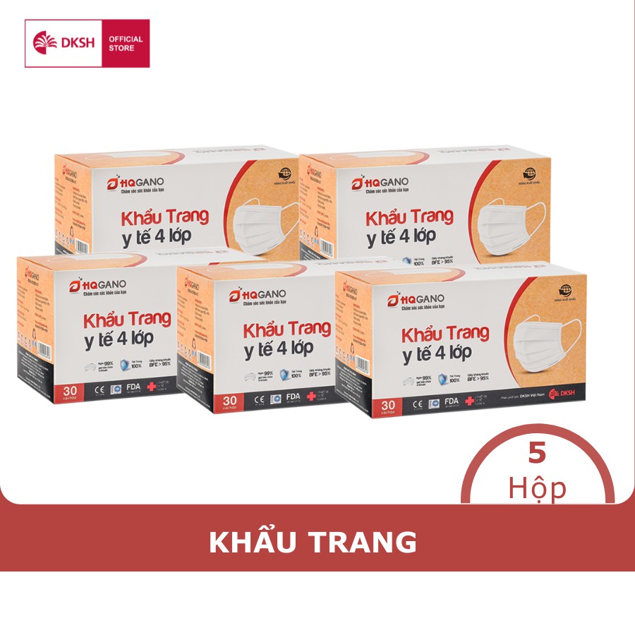 Combo 5 Hộp khẩu trang y tế quai thun 4 lớp HQGANO kháng khuẩn, đạt chuẩn xuất khẩu, không mùi, chất liệu cực mềm mại