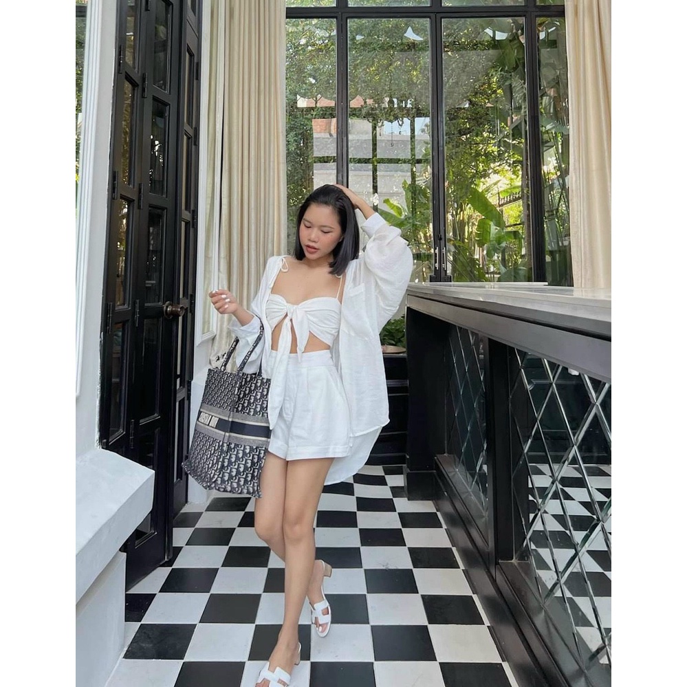 Set đùi kèm áo hai dây cột nơ kèm áo khoác sơ mi cực chất đi biển