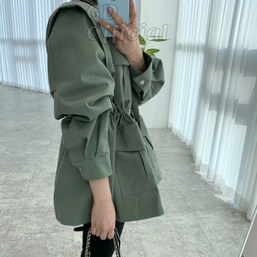 K27|Áo khoác gió mangto nữ cổ V dáng blazer nút cài chun thắt lưng chất kaki dày dặn suông rộng màu xanh GDOfficial