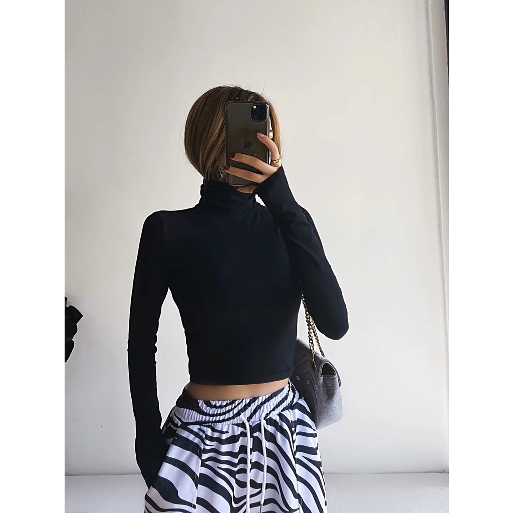 Áo croptop nữ tay dài kiểu ôm có cổ lọ bigsize thun body VAVASA CT07 | WebRaoVat - webraovat.net.vn