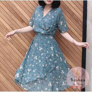 [Ảnh thật] Đầm midi hoa bèo nơ eo cổ V vintage cực xing ulzzang