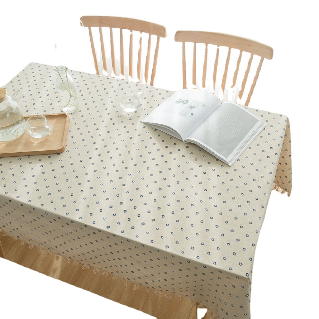 Khăn trải bàn vải lanh cotton phối ren tua rua chống bụi trang trí tiện dụng