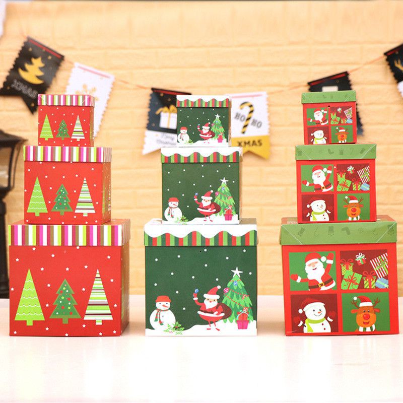 Set 3 hộp đựng quà giáng sinh hình vuông có nắp đậy và dây ruy băng cao cấp (có bán lẻ)