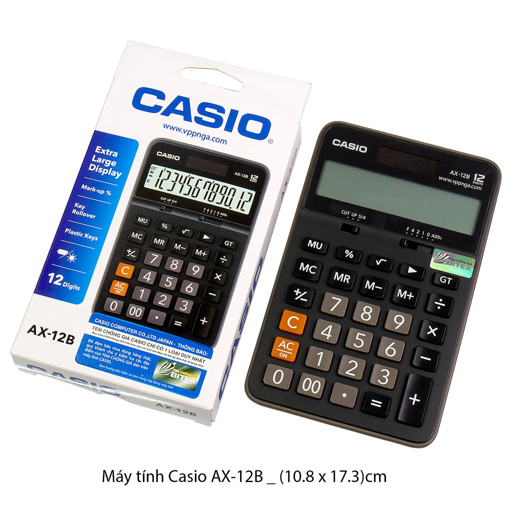 Máy tính Casio AX-12B nhỏ gọn,dễ mang theo đi học,đi làm sản phẩm hữu ích giúp công việc.Hàng chính hãng bảo hành 7 năm