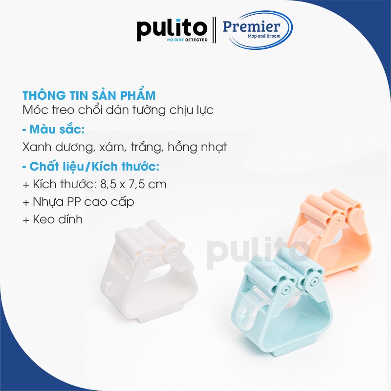 Móc treo chổi, kẹp cây lau nhà Pulito nhỏ gọn, chịu lực đến 6kg - Móc dán tường siêu dính, thông minh MTC