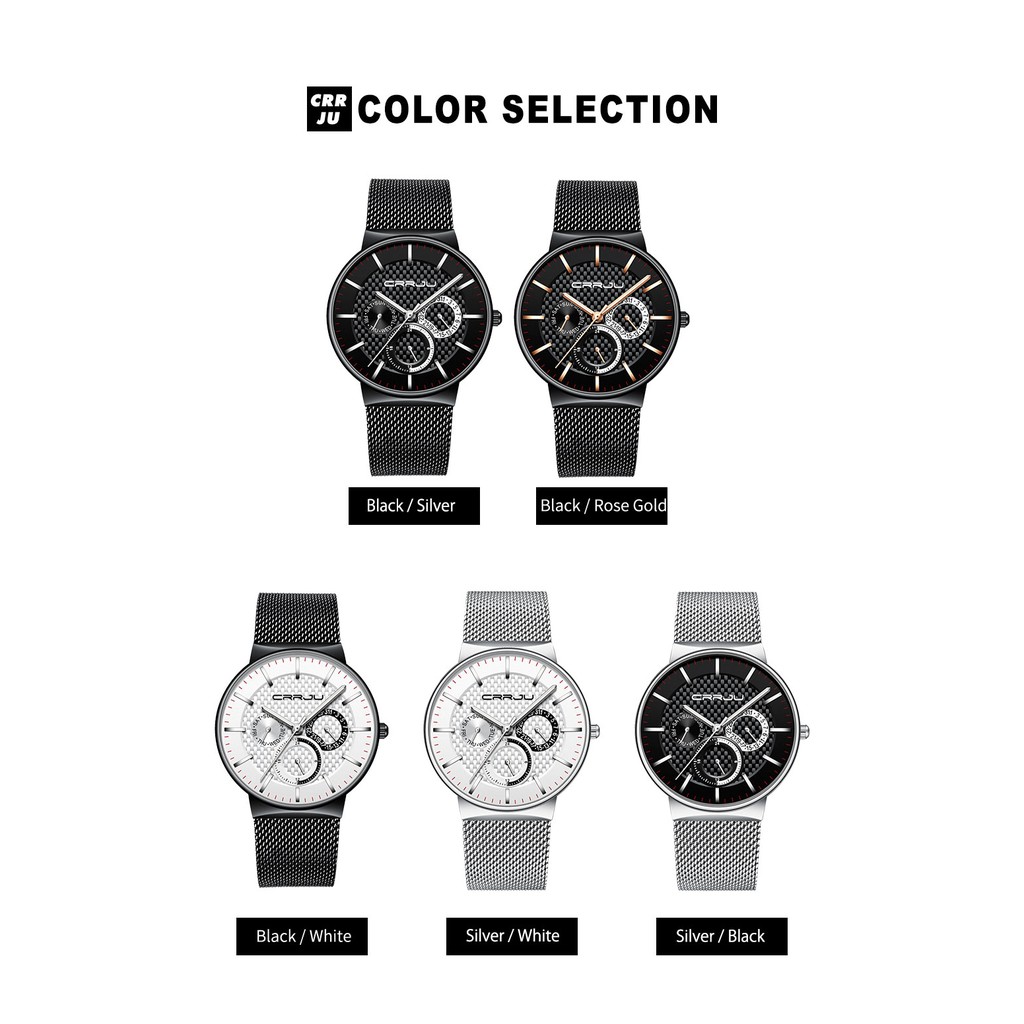 CRRJU 2153S Men's Watches True three eyes waterproof High Quality Steel Wire Mesh  Multi Color