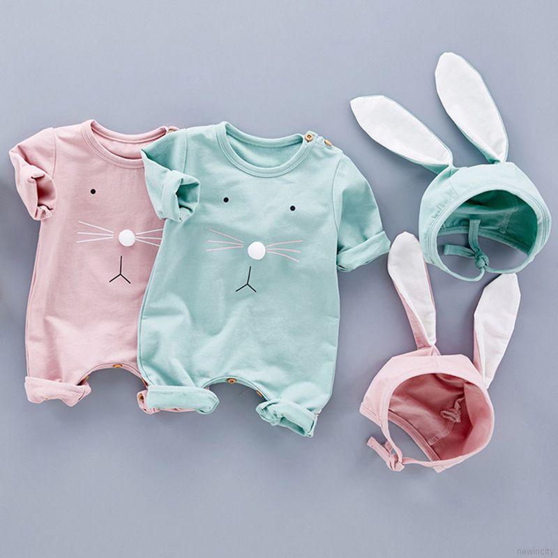 Bộ áo liền quần tay dài hoạ tiết chú thỏ đáng yêu kèm nón cho bé