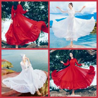 (TOP BÁN chạy Sẵn  váy maxi voan hai lớp boho đỏ có mũ ảnh thật
