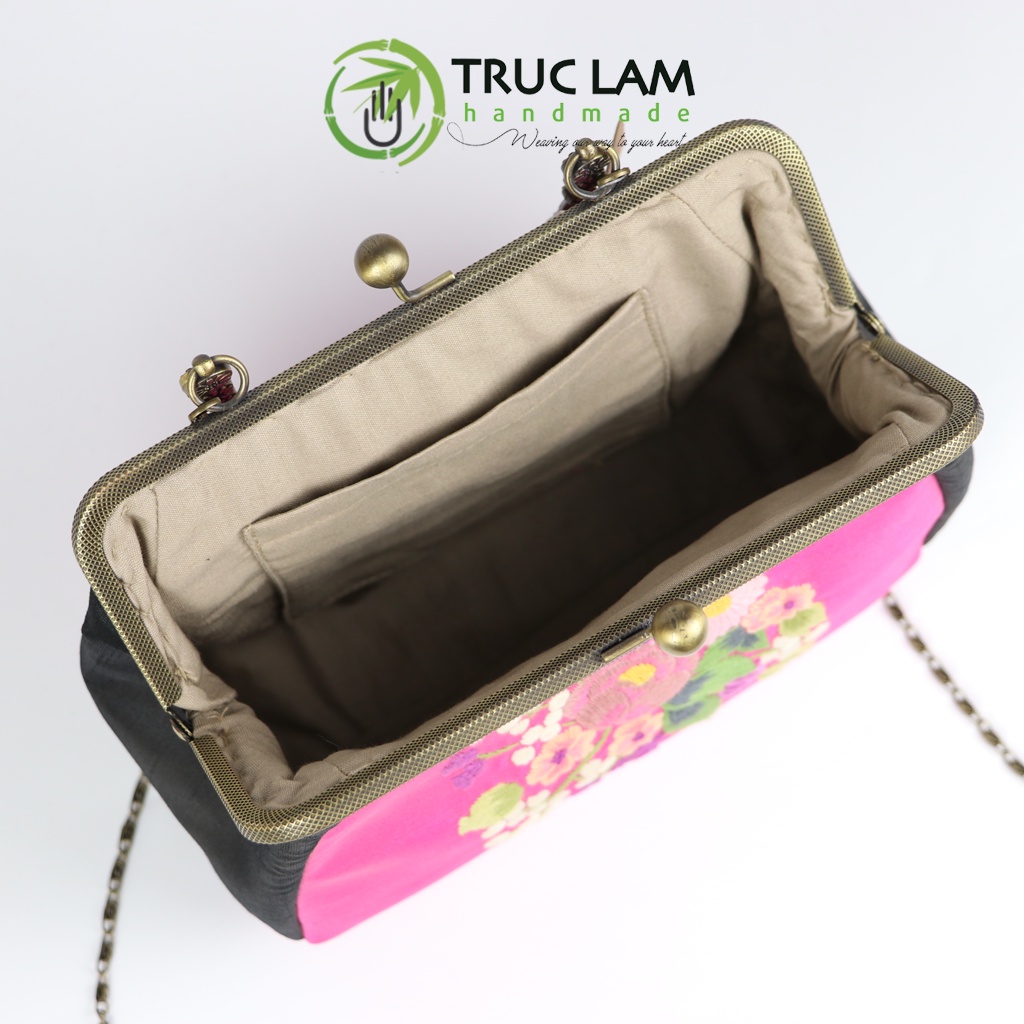 Túi Xách Tay Túi Đeo Vai Thời Trang Nữ Vải Tafta Khóa Nẹp Đồng Thêu Hoa Cúc Thủ Công - Trúc Lâm Handmade