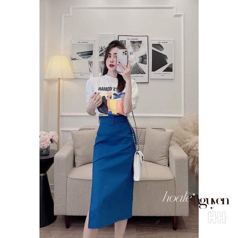 Set áo tay bồng chân váy xanh ôm xinh xắn