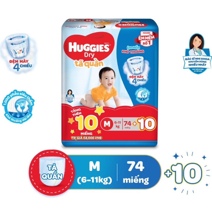 [tặng 10 miếng]Tã/bỉm quần huggies size M74 miếng