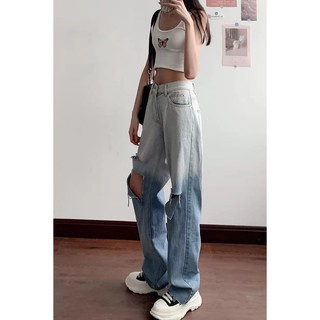 QUẦN JEAN ỐNG RỘNG NỮ LOANG MÀU XANH RÁCH VẠT SỌC PHẢI PHỐI VẠT TRÁI FORM DÀI RỘNG LAI