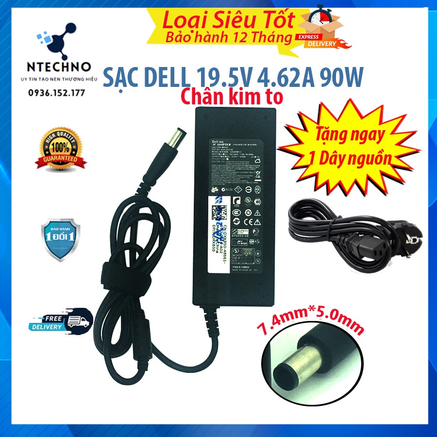 Sạc Laptop Dell 19.5V - 4.62A 90W [Zin] Chân to/Chân nhỏ Tặng kèm dây nguồn⭐ Bảo hành 12 Tháng (Sạc Zin/TC)