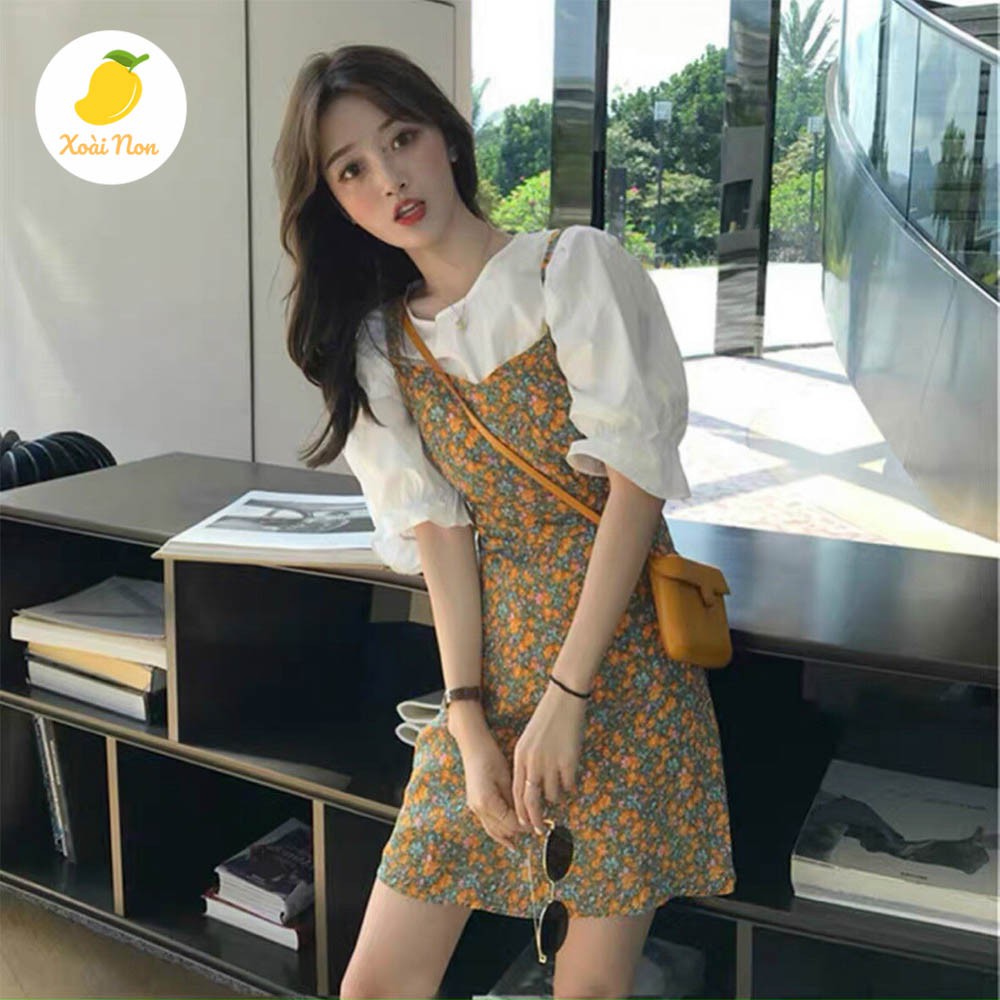 Xoài Non Đầm váy hoa cổ điển phối sơ mi tay phồng siêu xinh tôn dáng cho nàng thời trang dạo phố, dự tiệc