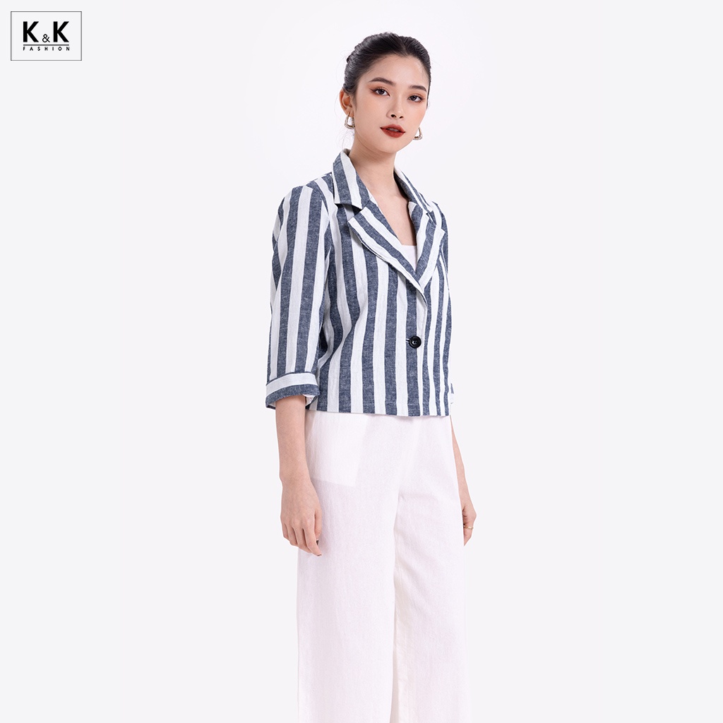 Áo Blazer Tay Lửng K&amp;K Fashion AK10-14 Họa Tiết Kẻ Sọc Chất Liệu Linen