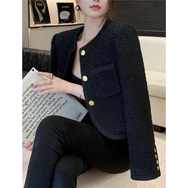 Áo Dạ Tweed Đen Dáng Ngắn Hàng QCCC