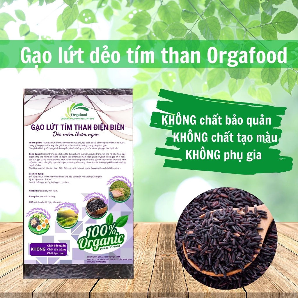 Gạo lứt đen dẻo Điện Biên hữu cơ, gạo lức nâu dẻo Orgafood 1Kg EAT CLEAN healthy giảm cân cho người ăn kiêng