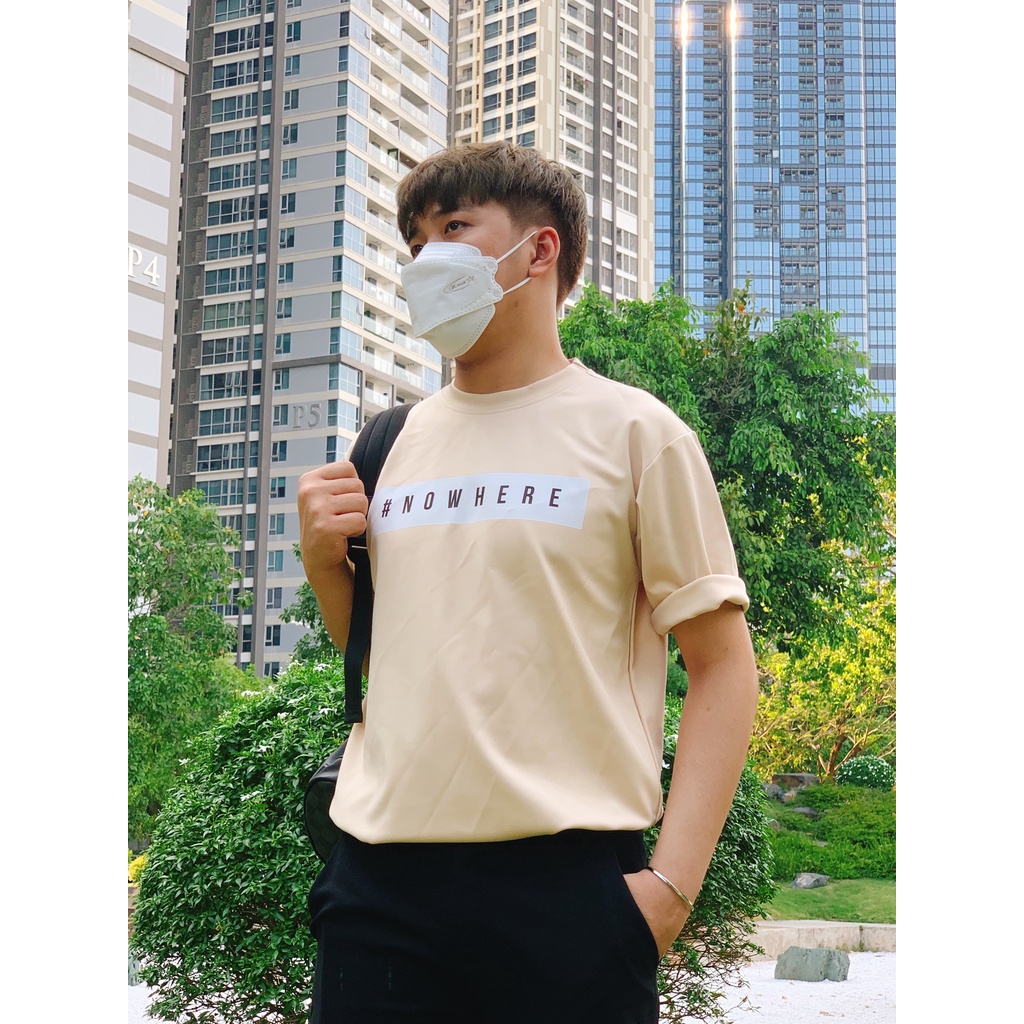 Áo Thun Tay Lỡ Unisex NOWHERE in màu be form rộng chất liệu thun mát