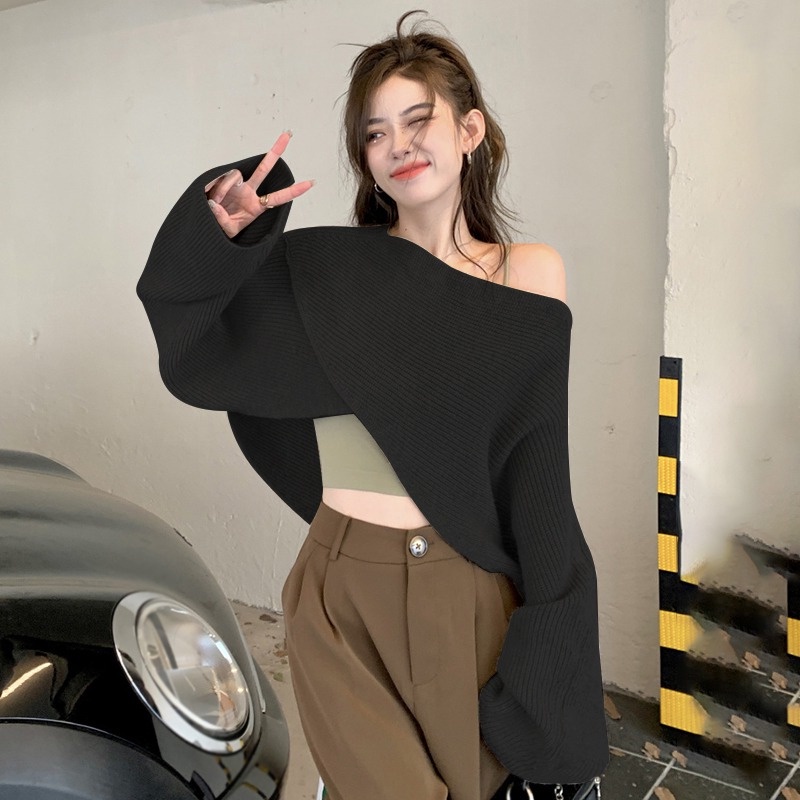 Áo Croptop Dệt Kim Dáng Rộng Phong Cách Hàn Quốc Cho Nữ