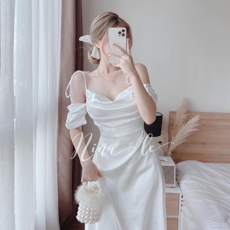 Đầm midi lụa 2d cổ đỗ rớt vai xếp ly ngực MT