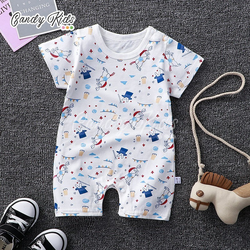 Áo liền quần cotton ngắn tay cài nút dễ thương cho bé gái/bé trai