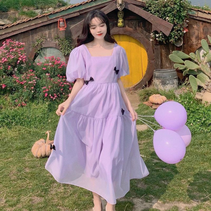 Đầm bầu ngắn tay cổ vuông gắn nơ M448 vải lụa tơ hai lớp freesize Mom and Baby