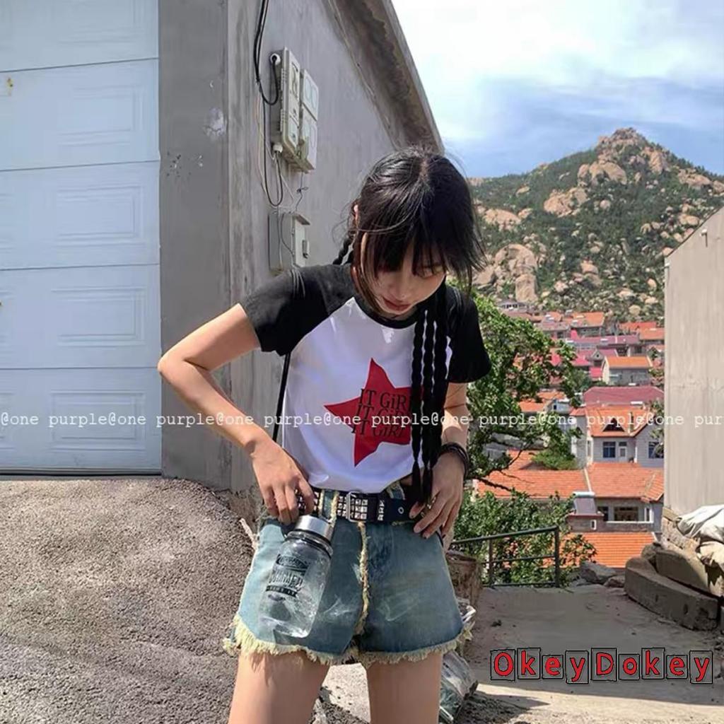 Áo Thun Crop Top Tay Ngắn Cổ Tròn In Chữ Và Ngôi Sao Màu Tương Phản Thời Trang Cho Bạn Gái