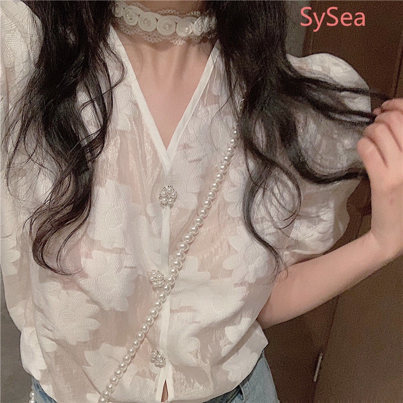 Áo Sơ Mi Voan Đính Nút Ngọc Trai Thời Trang Mùa Hè Dành Cho Nữ