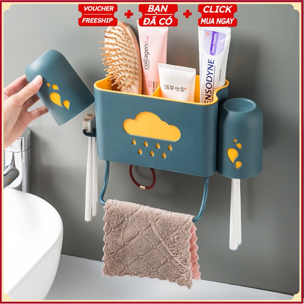 Khay Giá Để Bàn Chải, Cốc, Tuýp Kem Đánh Răng MÂY &amp; CƠN MƯA (Có 4 Móc Treo + Kèm 2 Cốc + Khung Treo Khăn)