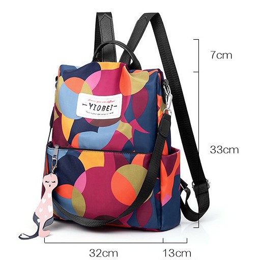 Balo dù chống nước kiêm túi xách chất dù ngũ sắc cầu vòng tặng Móc khoá mèo may mắn