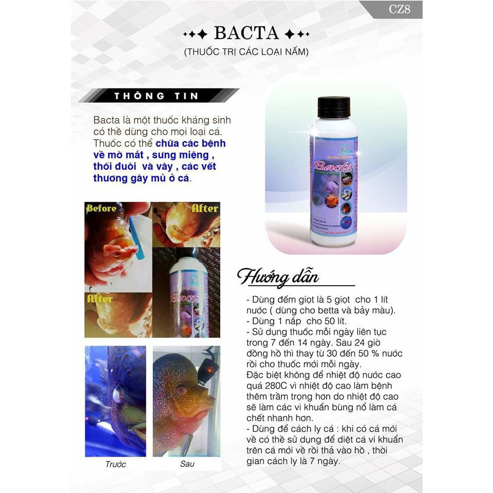[Mã PET50K giảm Giảm 10% - Tối đa 50K đơn từ 250K] Cz8 – Bacta – Dung Dịch trị các loại Nấm cho cá