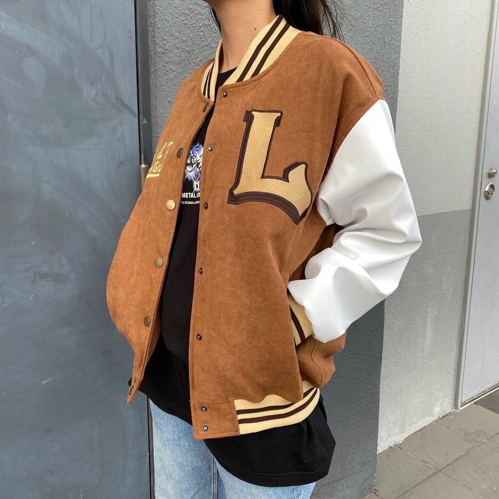 Áo Khoác Bomber Nhung Gân Tăm Thêu L- ANARCHY Jacket Varsity Unisex Form Rộng Ulzzang - La mode