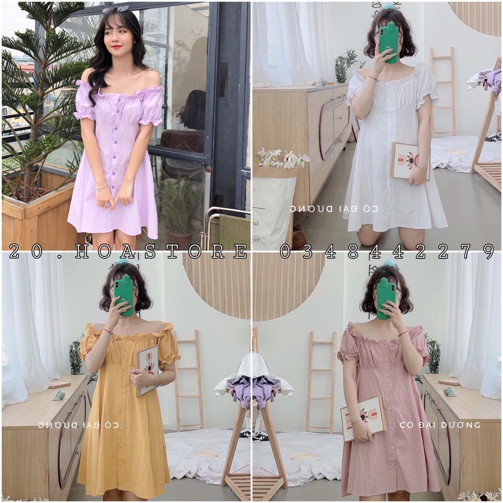 VÁY ĐŨI SWEET DRESS TÍM TRẮNG HỒNG VÀNG - ĐẦM TRỄ VAI CỔ VUÔNG CÚC CÀI TAY BÈO 4 MÀU