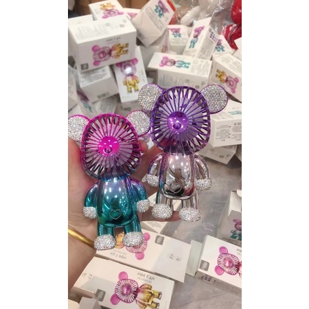 Gấu Đính Đá BearBrick + Quạt Điện Cầm Tay USB Cao Cấp Đặt Taplo Ô Tô, Đi Du Lịch, Bàn Làm Việc Siêu Mát