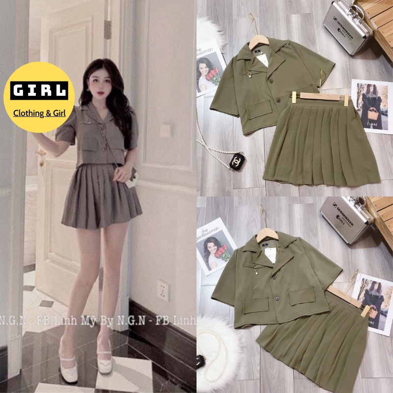Set Áo Vest Hai Túi Cộc Tay Mix Chân Váy Xếp Ly Phong Cách Hàn Quốc Hottrend Mã 322